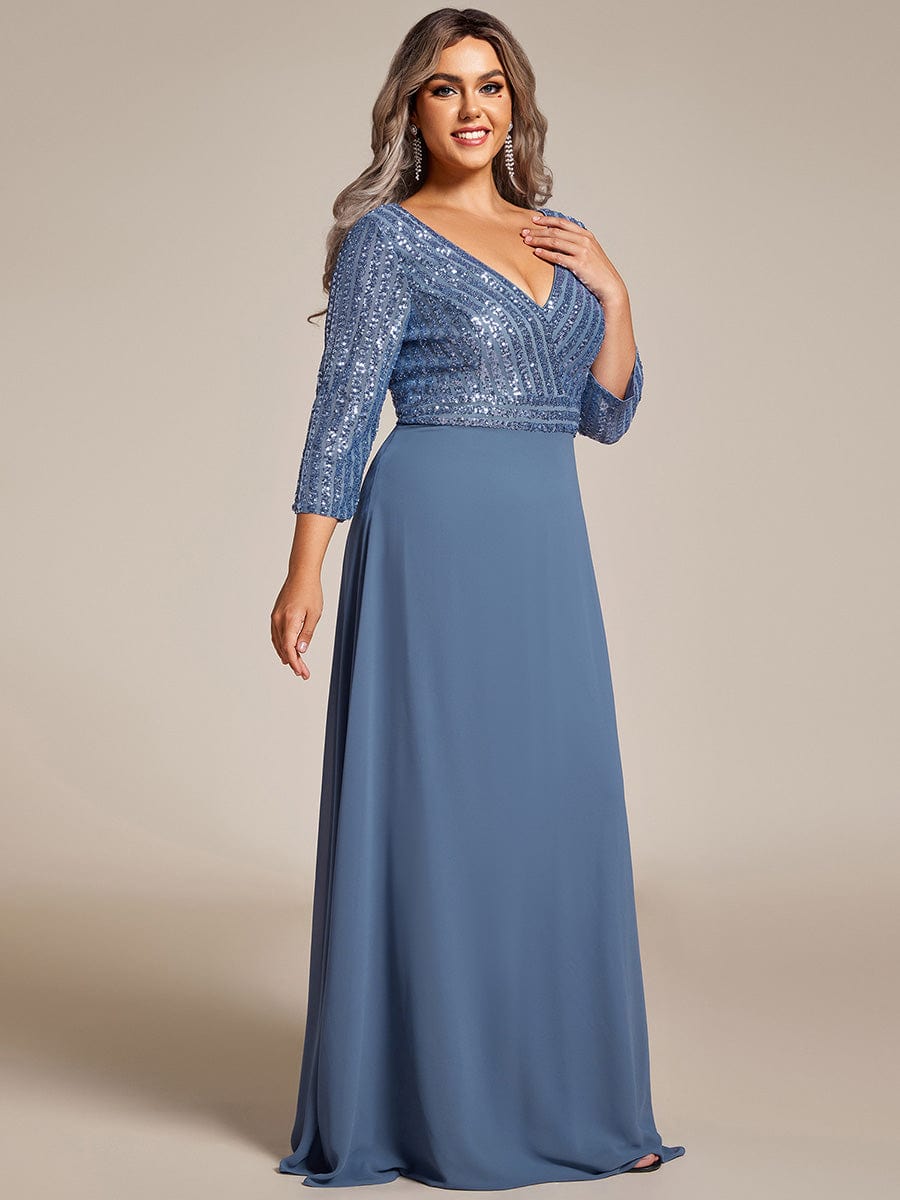 Plus Size Sexy V Neck A-Line Sequin Evening Dress with Sleeve #color_Dusty Navy