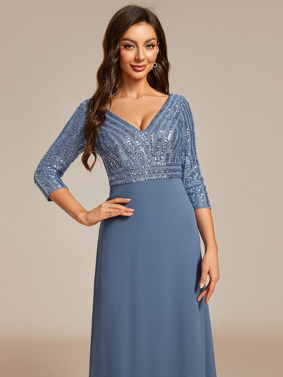Sexy V Neck A-Line Sequin Evening Dresses with 3/4 Sleeve #color_Dusty Navy