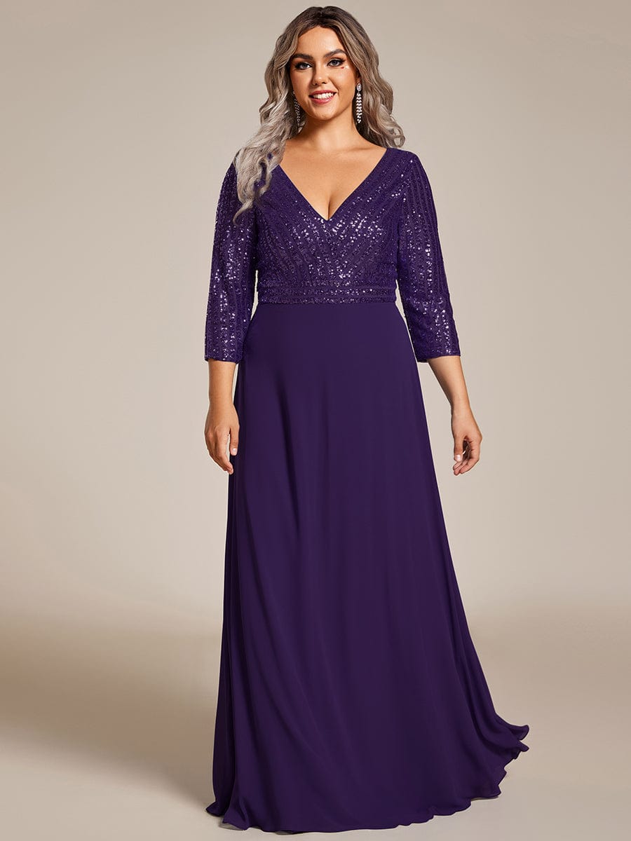 Sexy V Neck A-Line Sequin Evening Dresses with 3/4 Sleeve #color_Dark Purple