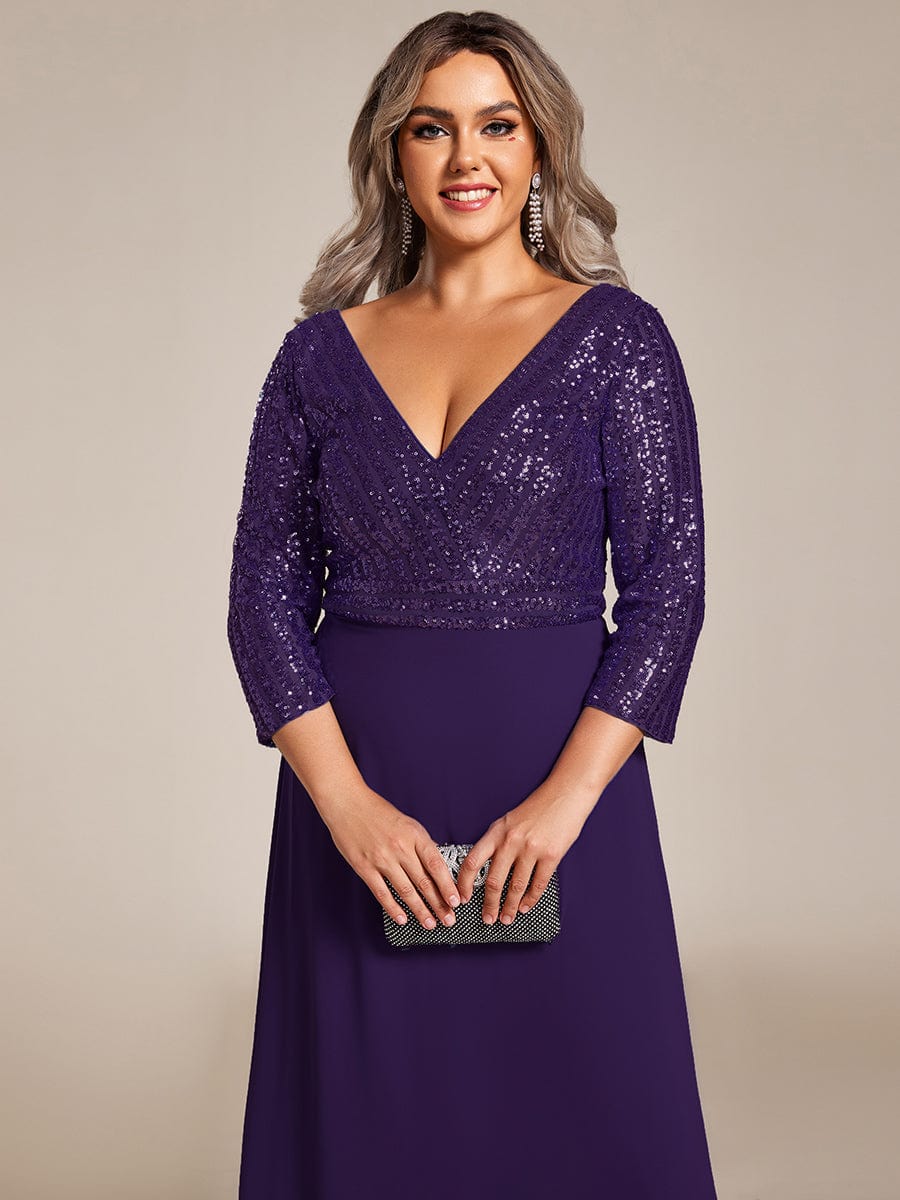 Plus Size Sexy V Neck A-Line Sequin Evening Dress with Sleeve #color_Dark Purple
