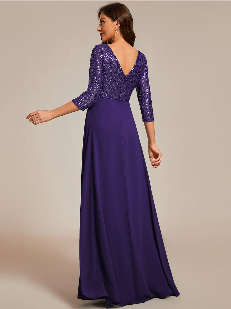 Sexy V Neck A-Line Sequin Evening Dresses with 3/4 Sleeve #color_Dark Purple