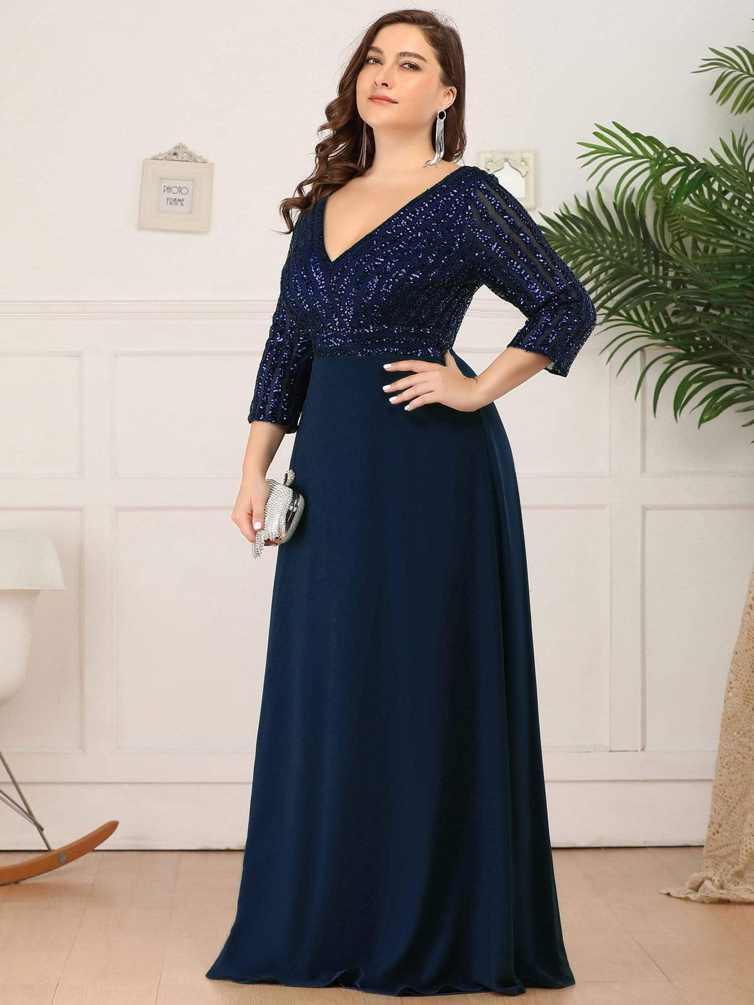 Custom Size Sexy V Neck A-Line Sequin Evening Dresses with 3/4 Sleeve #color_Navy Blue