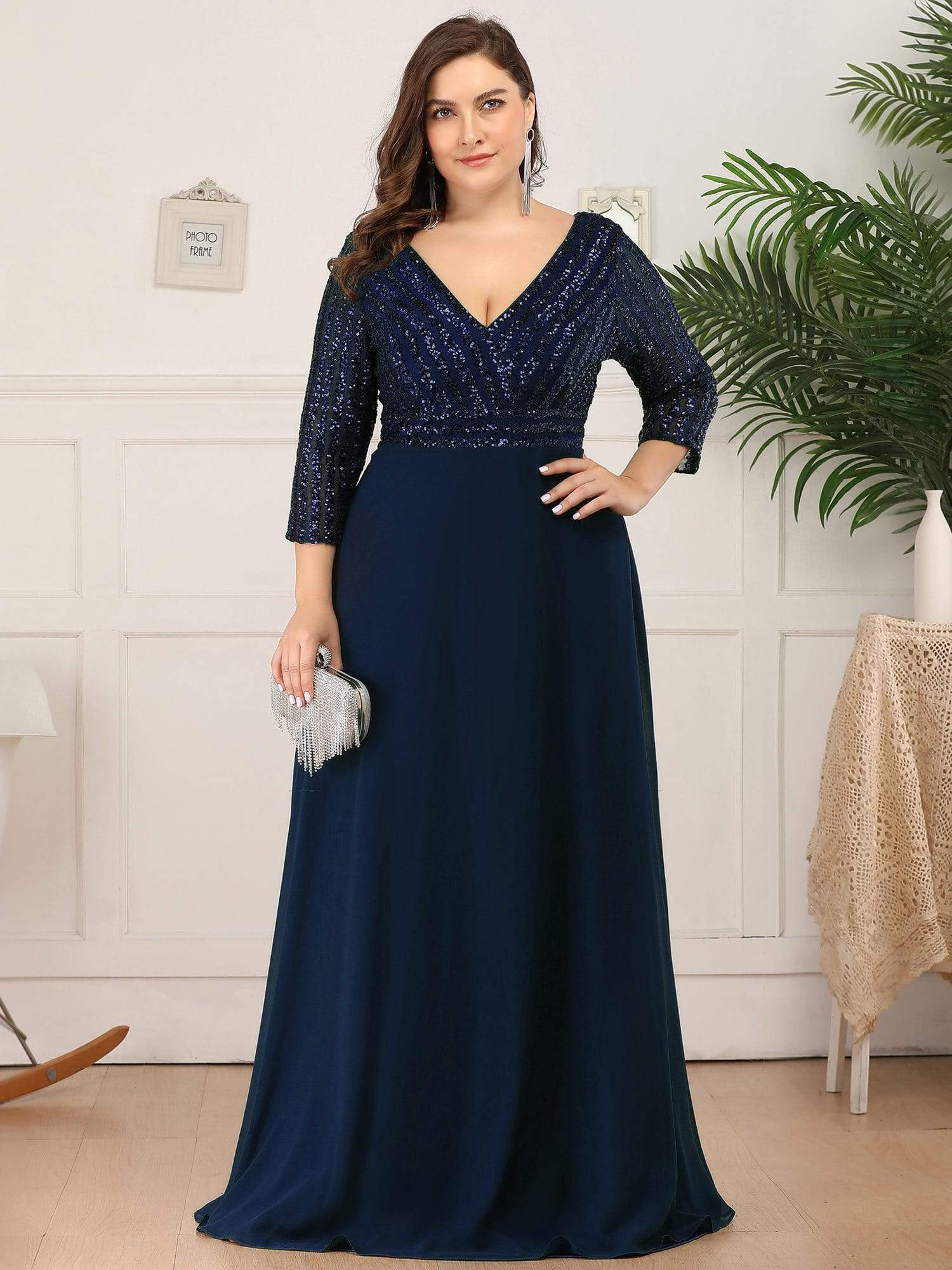 Custom Size Sexy V Neck A-Line Sequin Evening Dresses with 3/4 Sleeve #color_Navy Blue