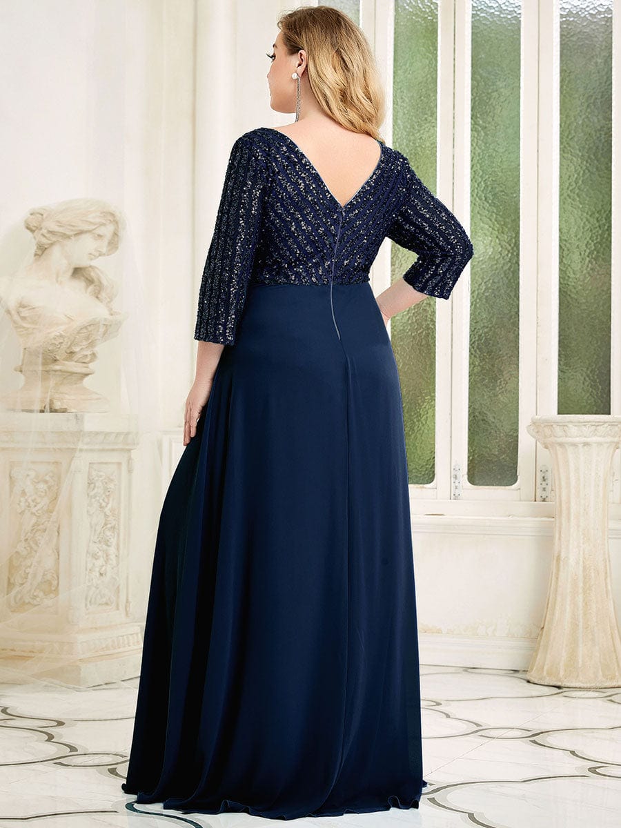 Plus Size Sexy V Neck A-Line Sequin Evening Dress with Sleeve #color_Navy Blue