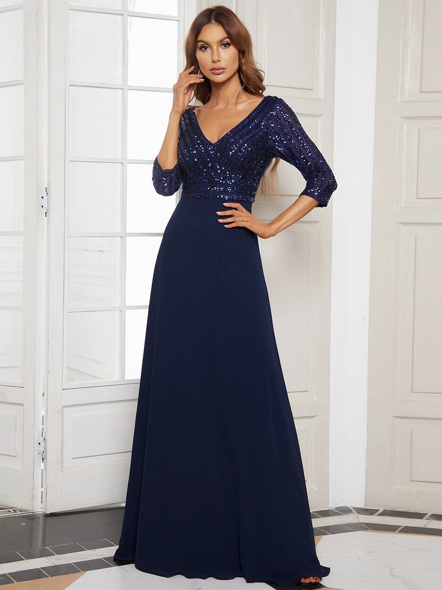 Custom Size Custom Size Sexy V Neck A-Line Sequin Evening Dresses with 3/4 Sleeve #color_Navy Blue