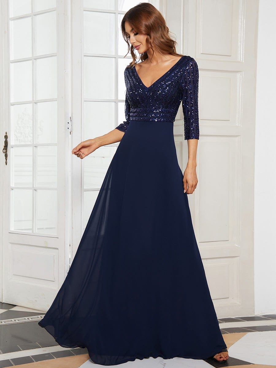 Custom Size Sexy V Neck A-Line Sequin Evening Dresses with 3/4 Sleeve #color_Navy Blue