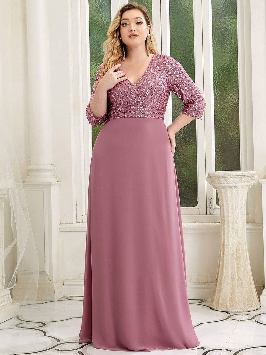 Sexy V Neck A-Line Sequin Evening Dresses with 3/4 Sleeve #color_Purple Orchid