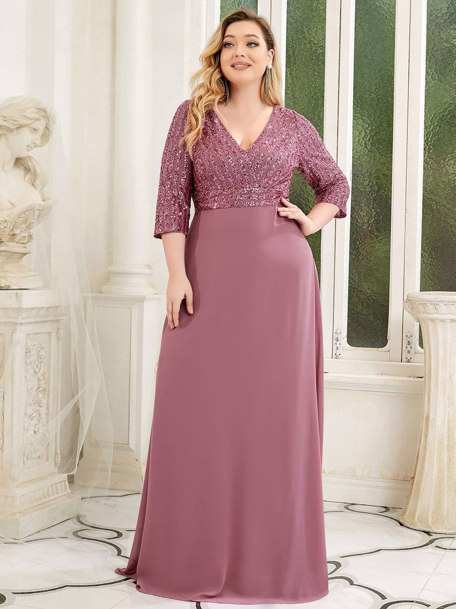 Plus Size Sexy V Neck A-Line Sequin Evening Dress with Sleeve #color_Purple Orchid