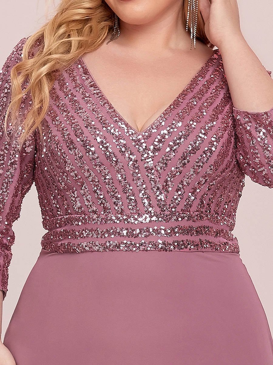 Custom Size Sexy V Neck A-Line Sequin Evening Dresses with 3/4 Sleeve #color_Purple Orchid