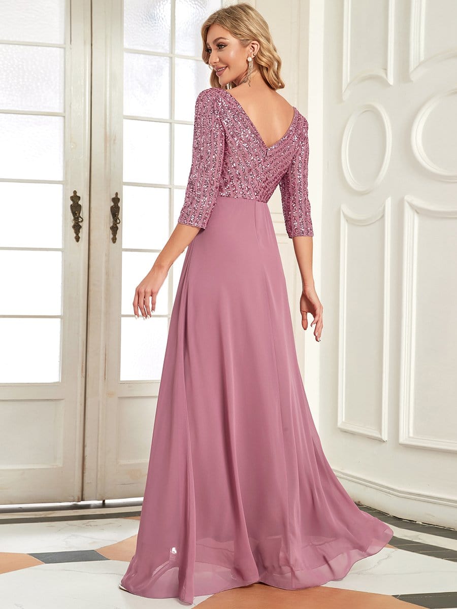 Custom Size Sexy V Neck A-Line Sequin Evening Dresses with 3/4 Sleeve #color_Purple Orchid