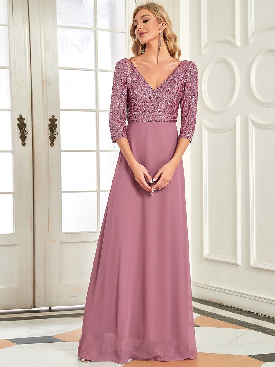 Sexy V Neck A-Line Sequin Evening Dresses with 3/4 Sleeve #color_Purple Orchid