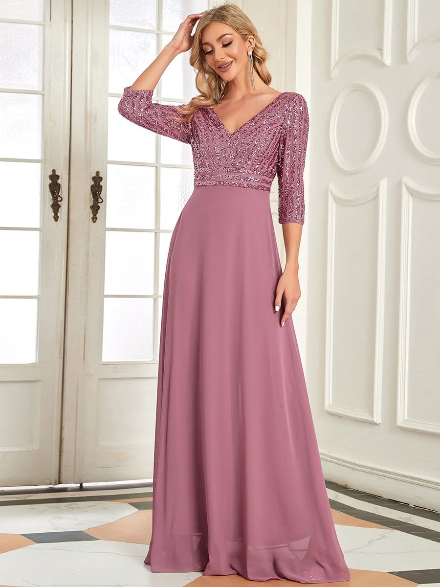 Custom Size Sexy V Neck A-Line Sequin Evening Dresses with 3/4 Sleeve #color_Purple Orchid