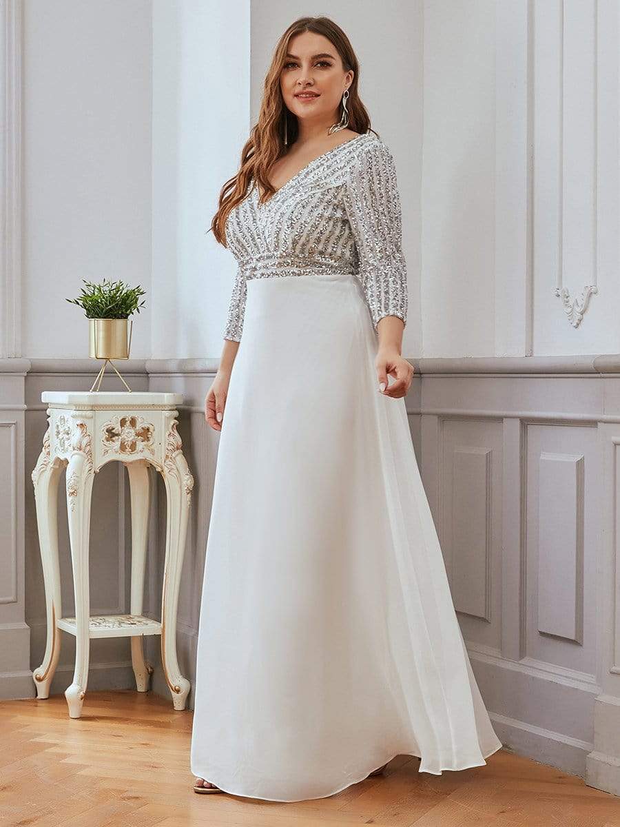 Plus Size Sexy V Neck A-Line Sequin Evening Dress with Sleeve #color_White