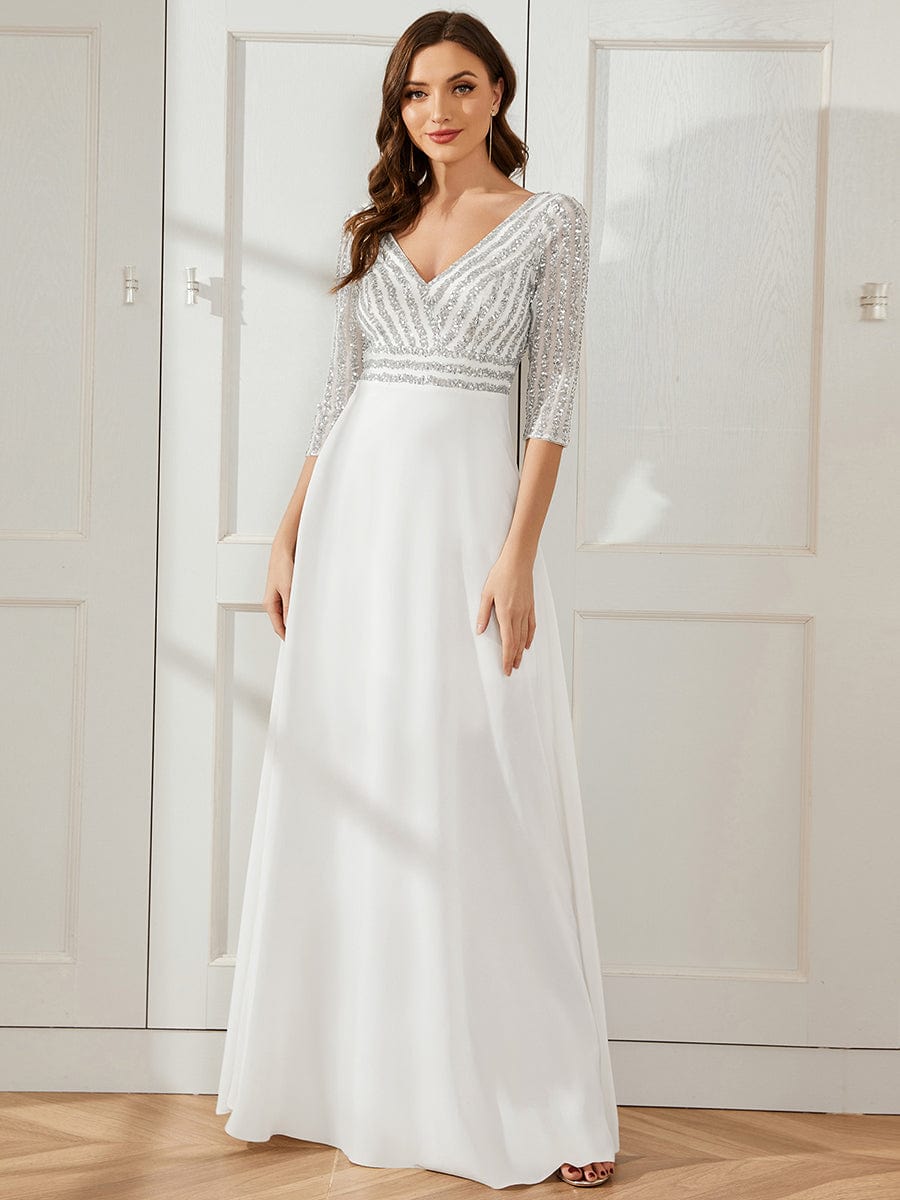 Sexy V Neck A-Line Sequin Evening Dresses with 3/4 Sleeve #color_White