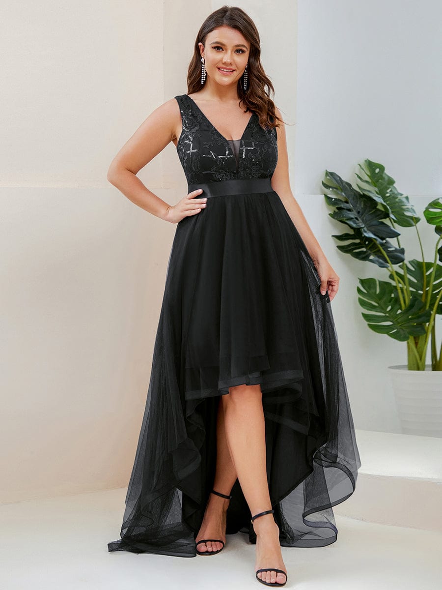 Plus Size High-Low Deep V Neck Tulle Evening Dresses with Sequins #color_Black