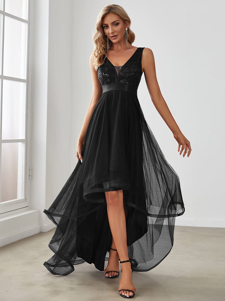 Elegant High-Low Deep V Neck Tulle Evening Dresses with Sequins #color_Black