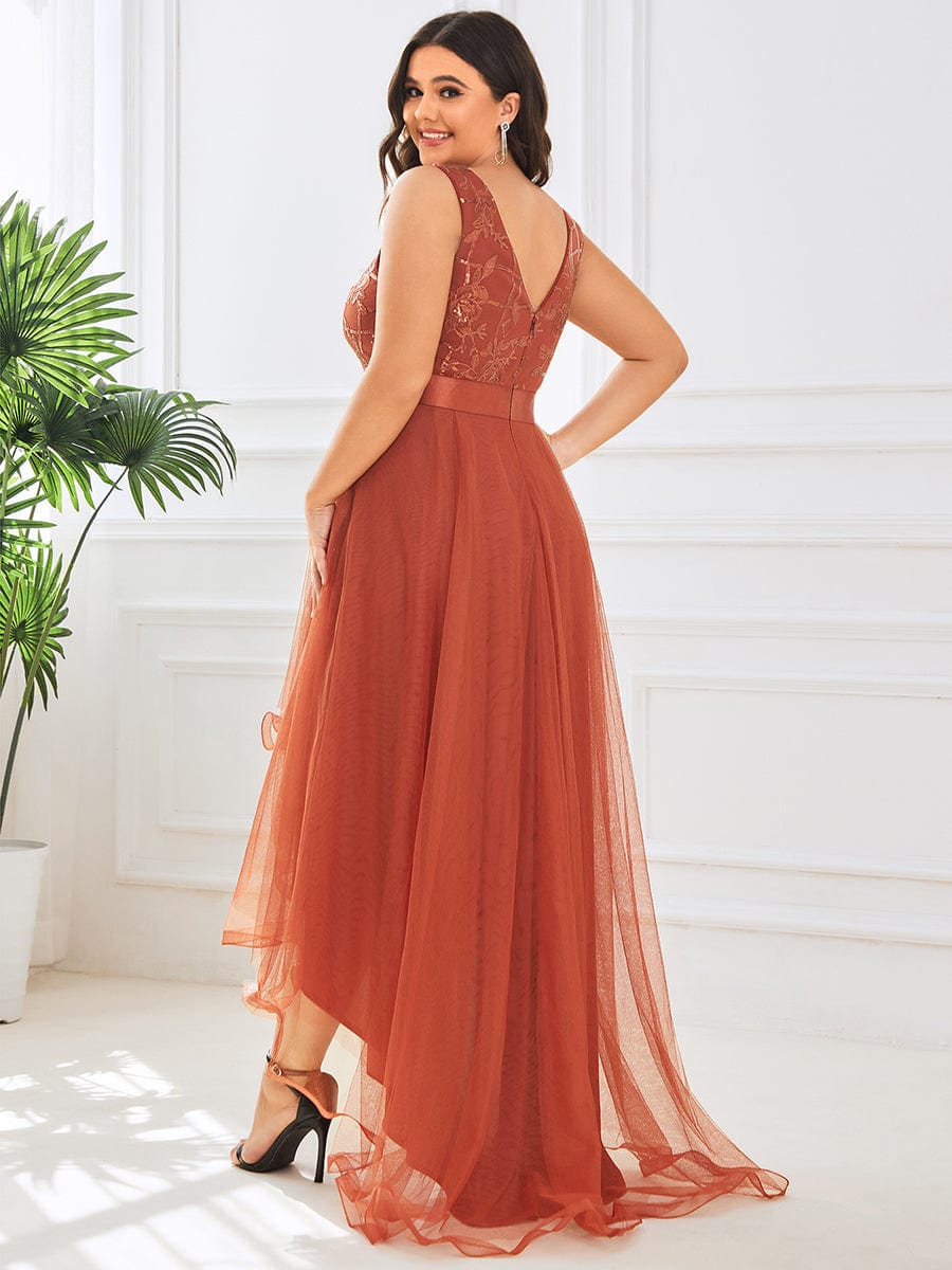 Plus Size High-Low Deep V Neck Tulle Evening Dresses with Sequins #color_Burnt Orange