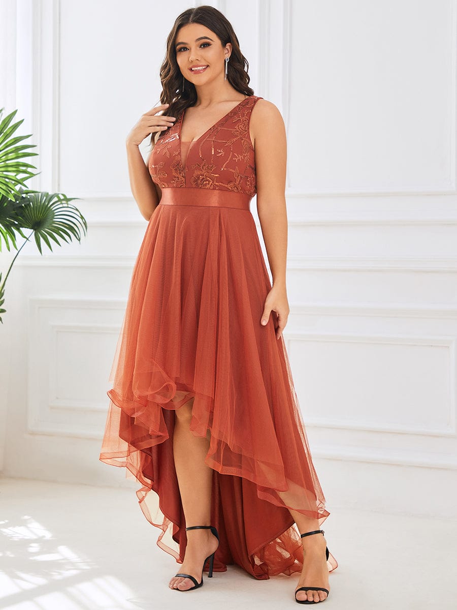 High-Low Deep V Neck Tulle Sequin Prom Dresses #color_Burnt Orange