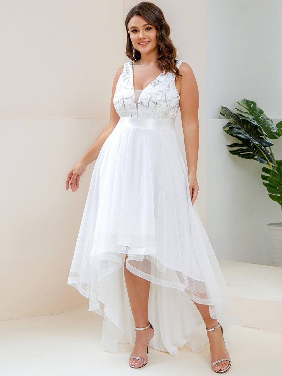 Plus Size High-Low Deep V Neck Tulle Evening Dresses with Sequins #color_Cream