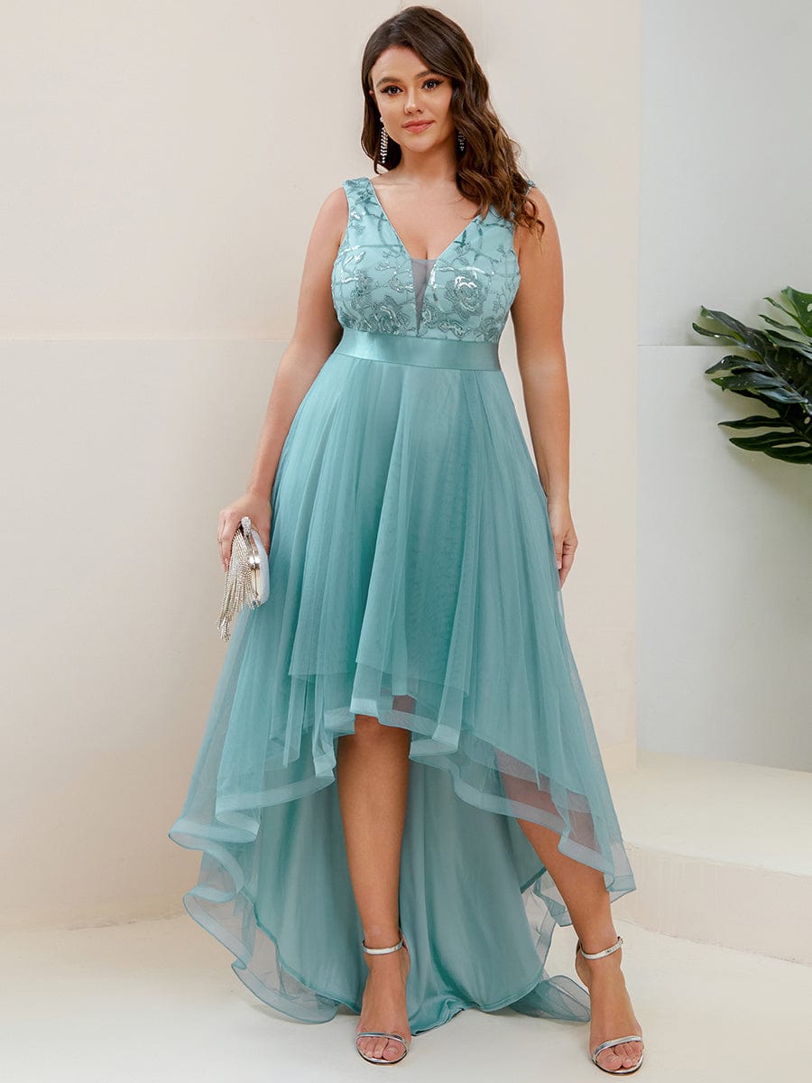 Fashion High-Low Deep V Neck Tulle Prom Dresses with Sequin Appliques #color_Dusty Blue