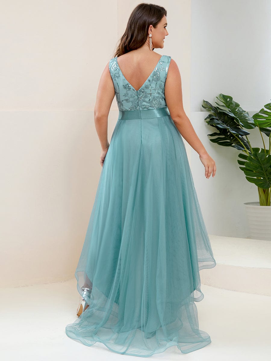 Fashion High-Low Deep V Neck Tulle Prom Dresses with Sequin Appliques #color_Dusty Blue