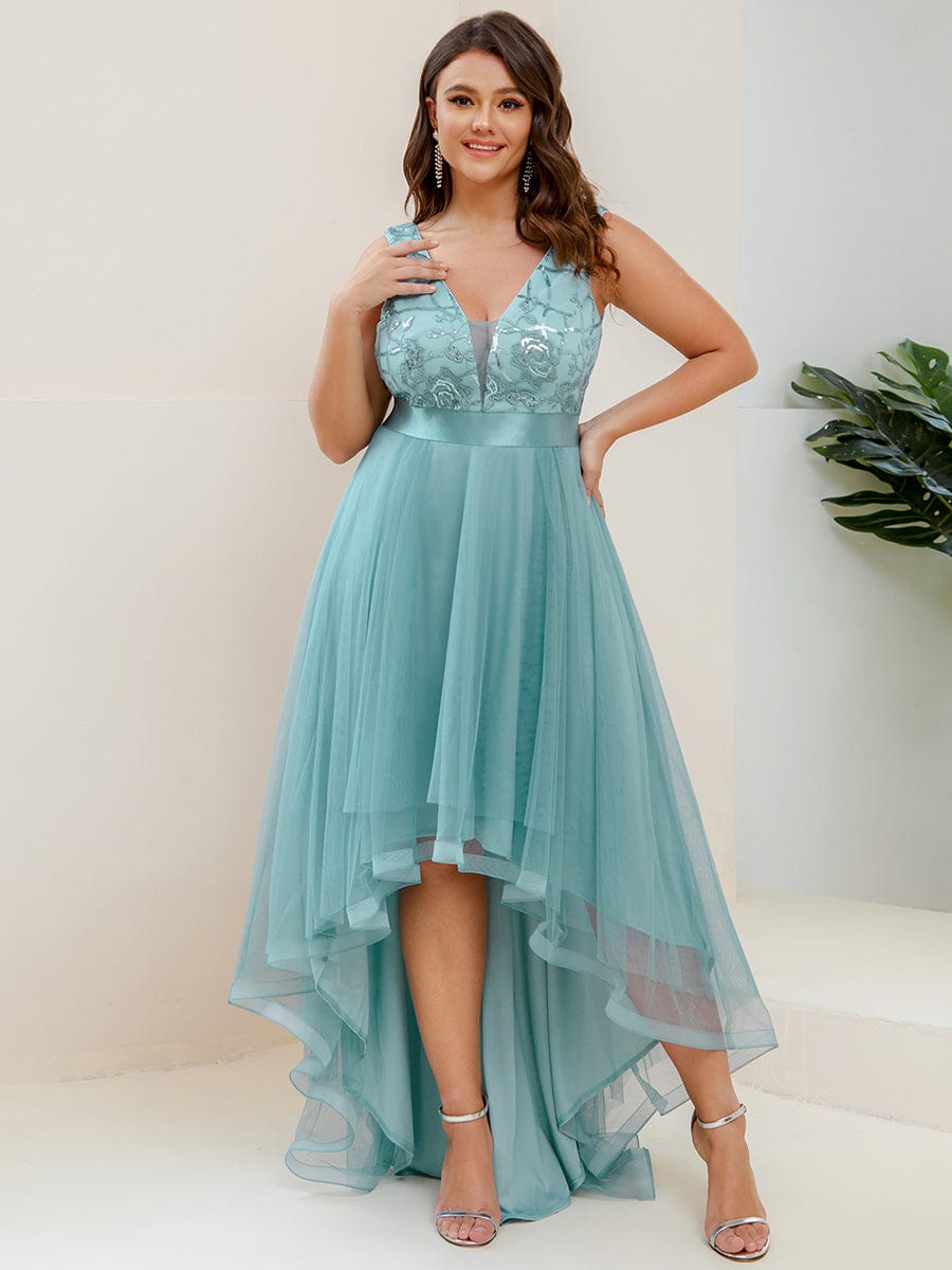 Plus Size High-Low Deep V Neck Tulle Evening Dresses with Sequins #color_Dusty Blue