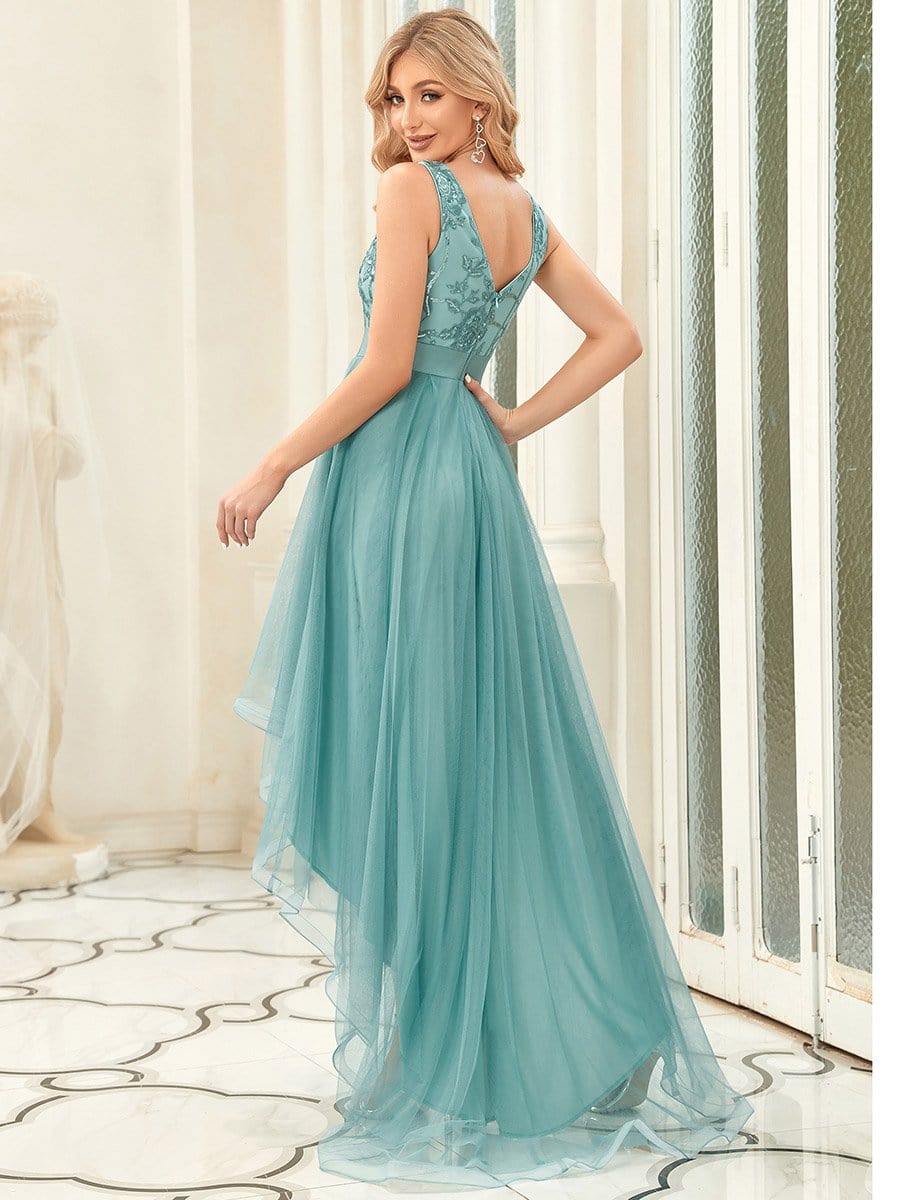 Elegant High-Low Deep V Neck Tulle Evening Dresses with Sequins #color_Dusty Blue