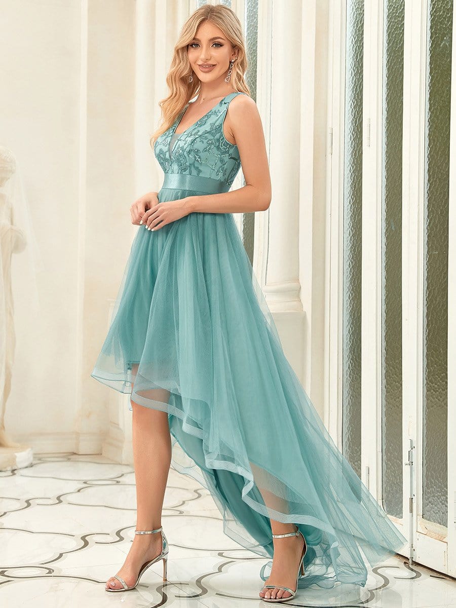 Elegant High-Low Deep V Neck Tulle Evening Dresses with Sequins #color_Dusty Blue