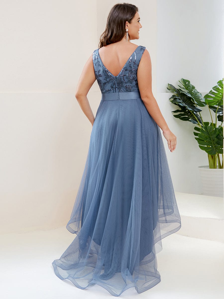 Fashion High-Low Deep V Neck Tulle Prom Dresses with Sequin Appliques #color_Dusty Navy