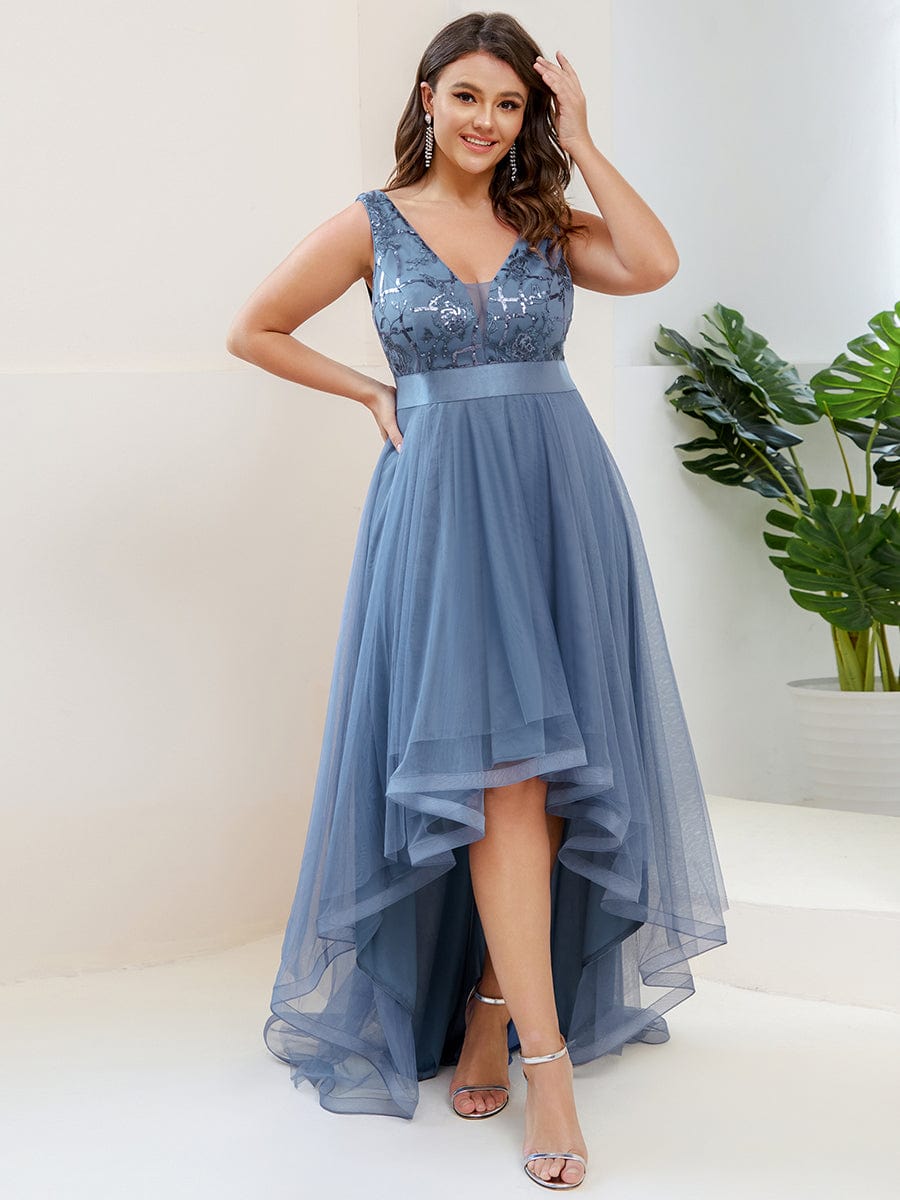 Plus Size High-Low Deep V Neck Tulle Evening Dresses with Sequins #color_Dusty Navy