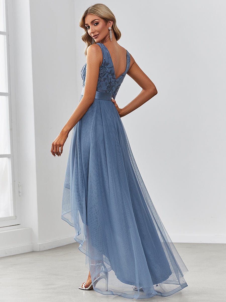 Fashion High-Low Deep V Neck Tulle Prom Dresses with Sequin Appliques #color_Dusty Blue