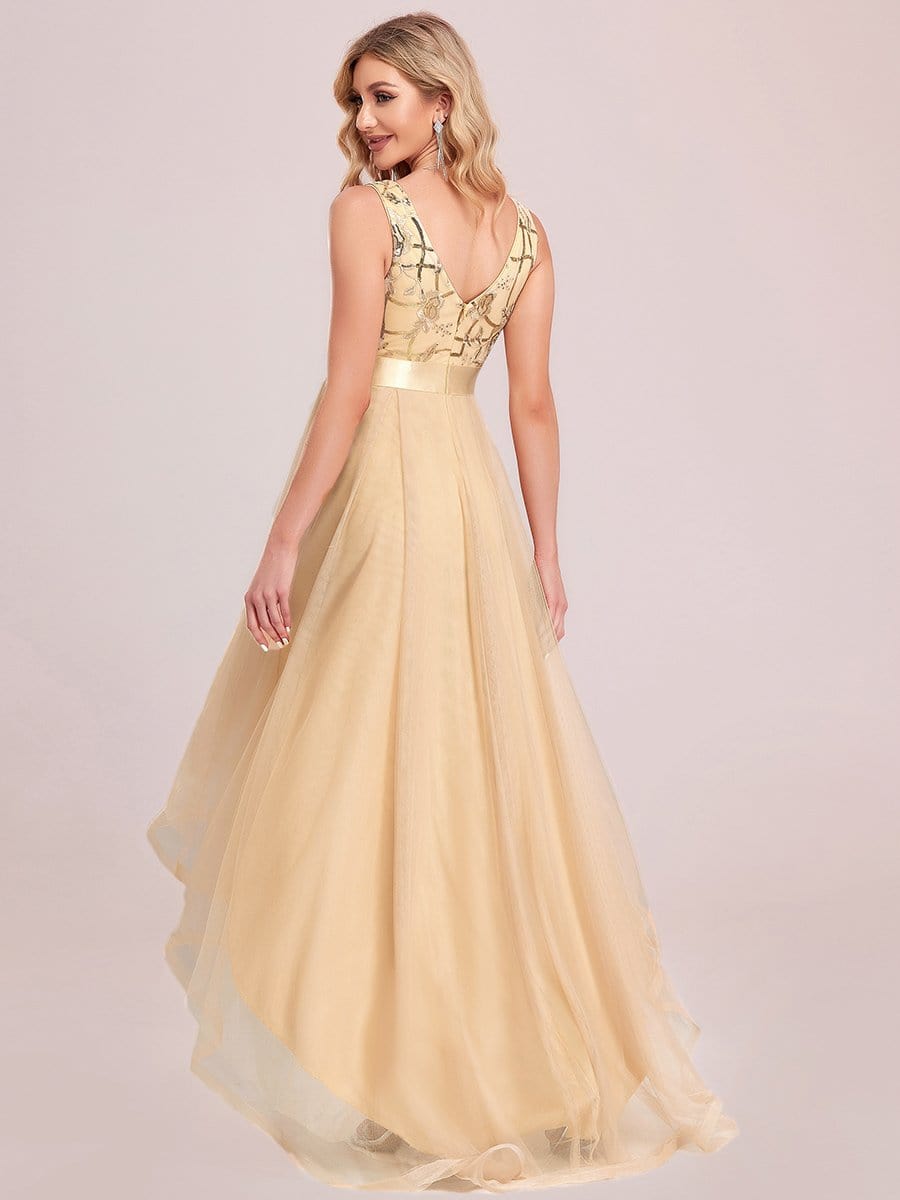 Elegant High-Low Deep V Neck Tulle Evening Dresses with Sequins #color_Gold