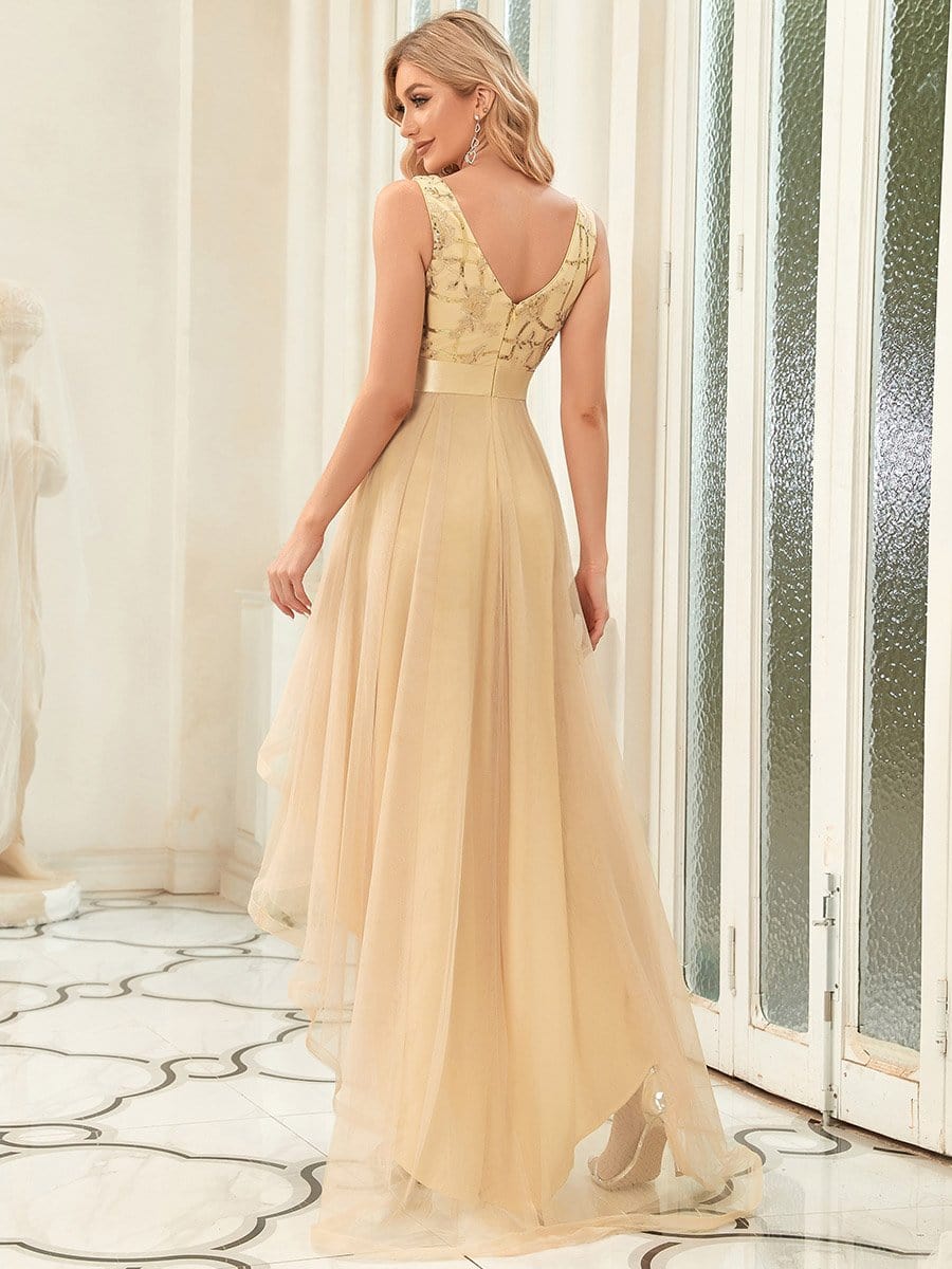 Custom Size Elegant High-Low Deep V Neck Tulle Evening Dresses with Sequins #color_Gold