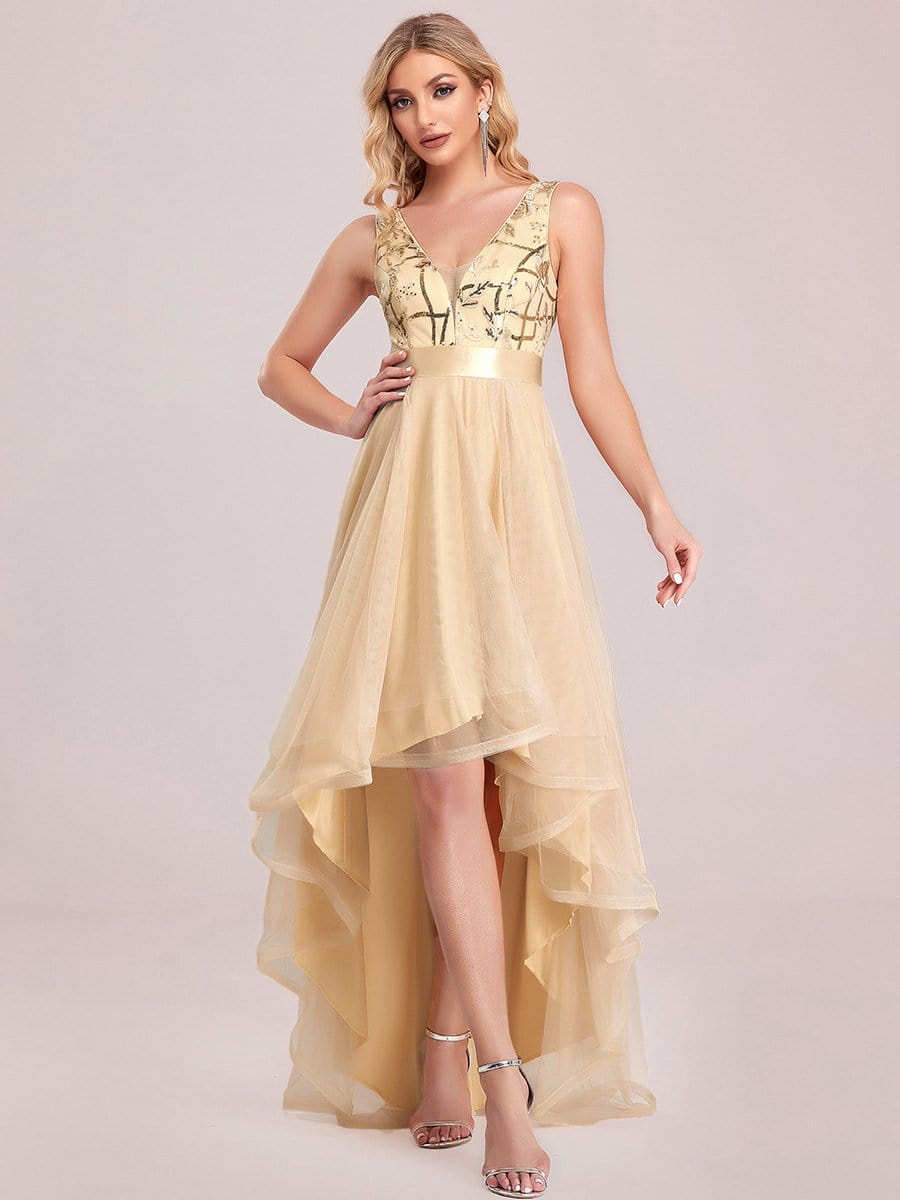 Elegant High-Low Deep V Neck Tulle Evening Dresses with Sequins #color_Gold