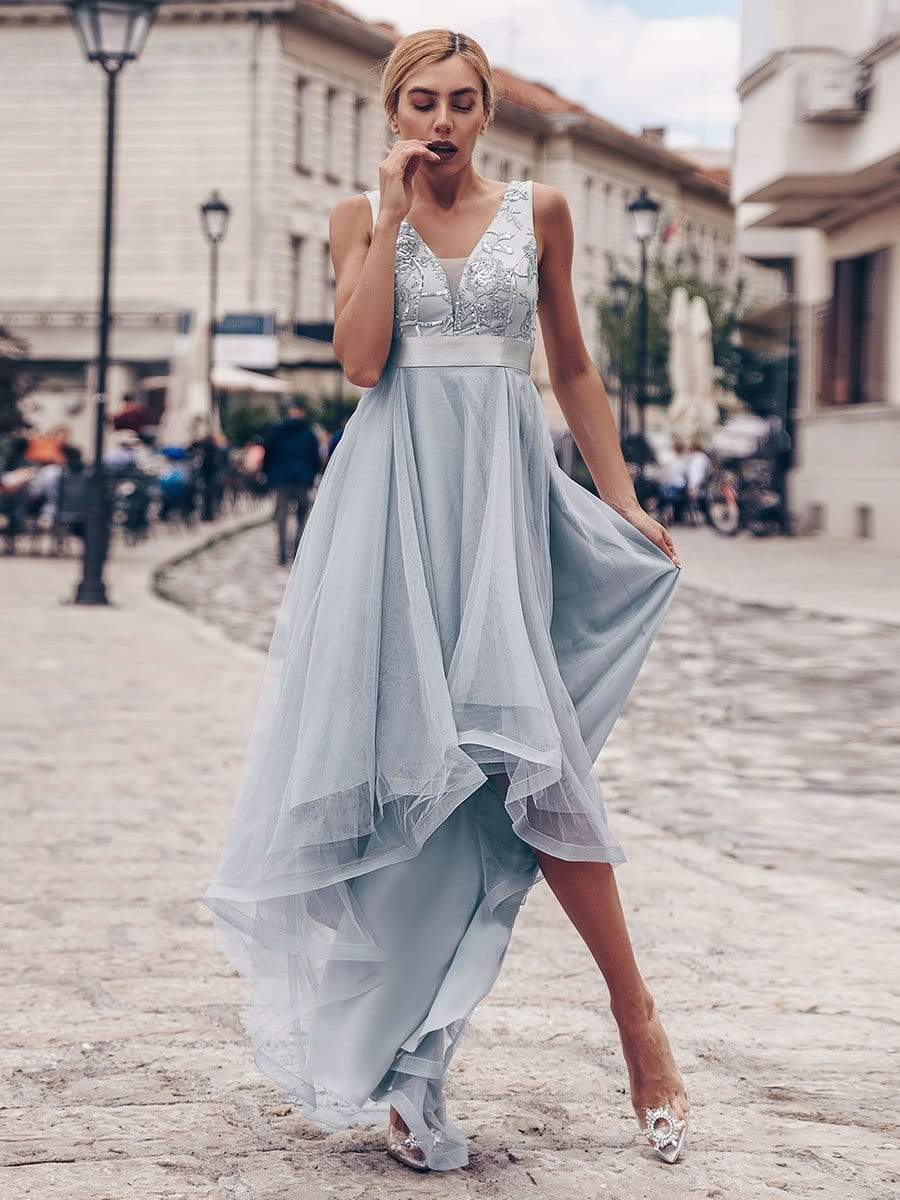 Elegant High-Low Deep V Neck Tulle Evening Dresses with Sequins #color_Grey