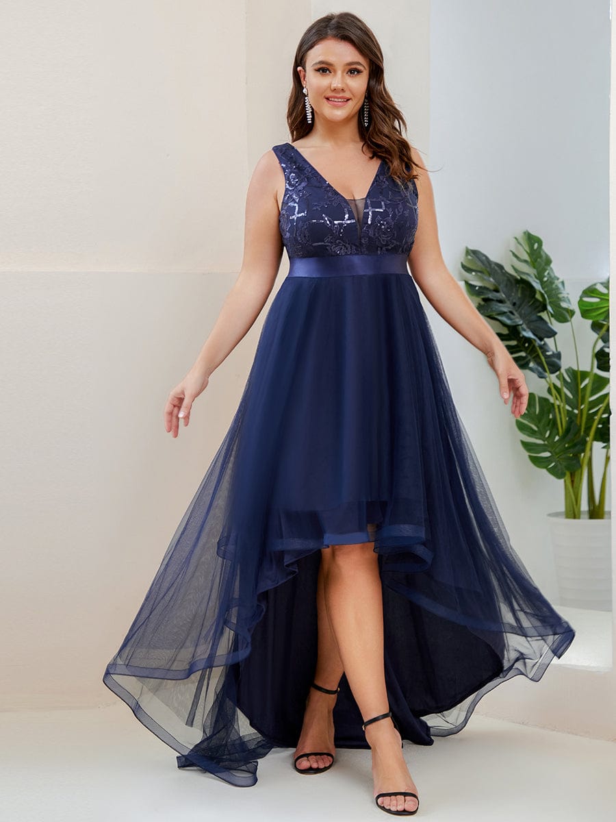 Plus Size High-Low Deep V Neck Tulle Evening Dresses with Sequins #color_Navy Blue
