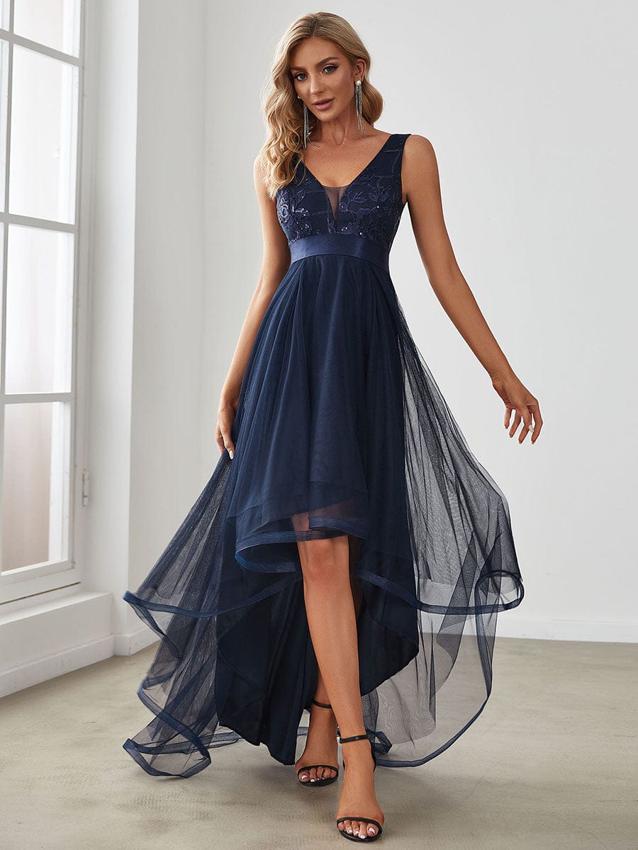 Custom Size Elegant High-Low Deep V Neck Tulle Evening Dresses with Sequins #color_Navy Blue