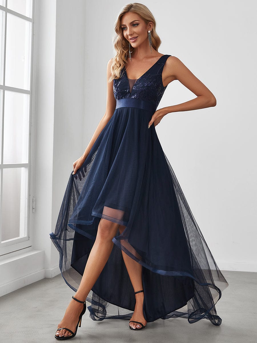 Elegant High-Low Deep V Neck Tulle Evening Dresses with Sequins #color_Navy Blue