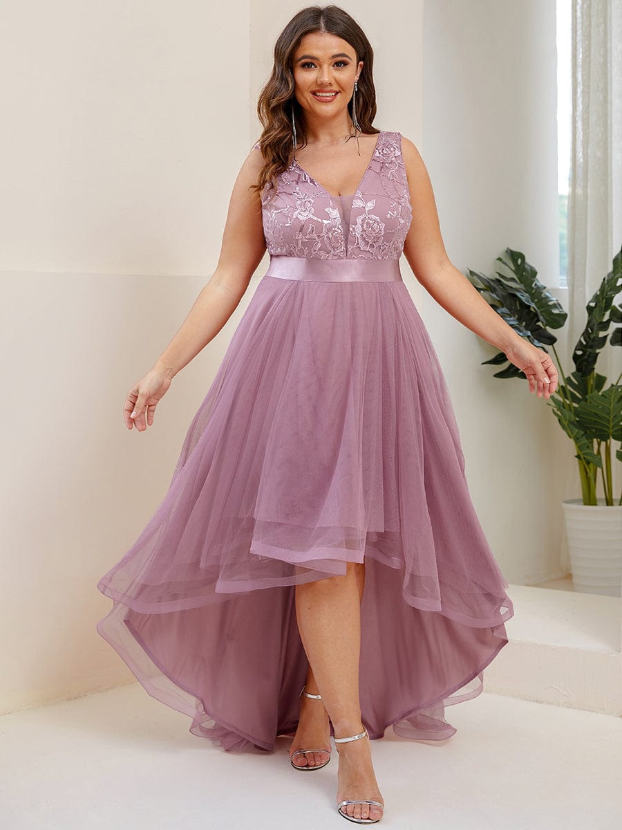 Custom Size Elegant High-Low Deep V Neck Tulle Evening Dresses with Sequins #color_Purple Orchid