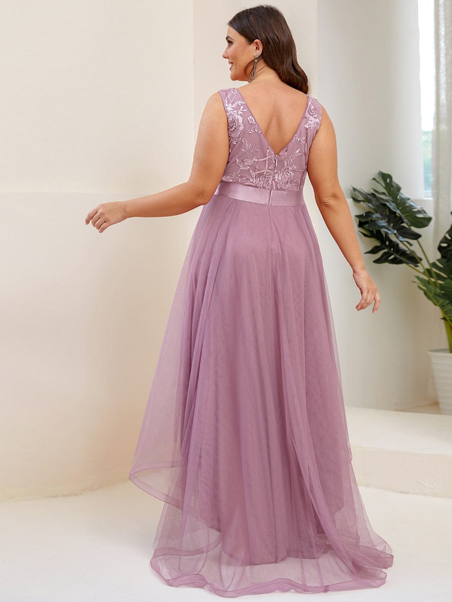 Elegant High-Low Deep V Neck Tulle Evening Dresses with Sequins #color_Purple Orchid