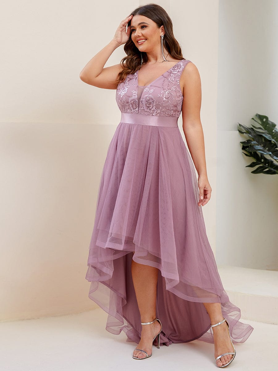 Plus Size High-Low Deep V Neck Tulle Evening Dresses with Sequins #color_Purple Orchid