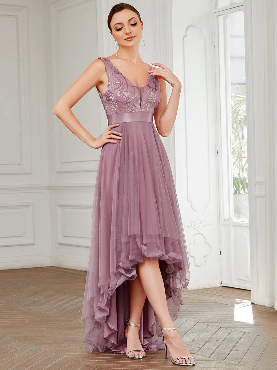 Custom Size Elegant High-Low Deep V Neck Tulle Evening Dresses with Sequins #color_Purple Orchid