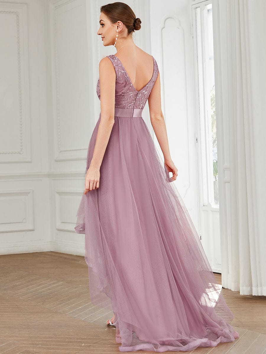 Custom Size Elegant High-Low Deep V Neck Tulle Evening Dresses with Sequins #color_Purple Orchid