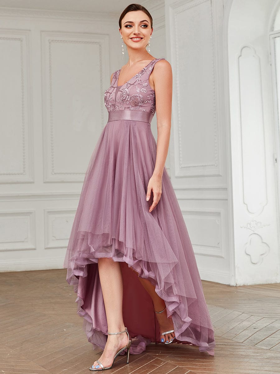 Custom Size Elegant High-Low Deep V Neck Tulle Evening Dresses with Sequins #color_Purple Orchid