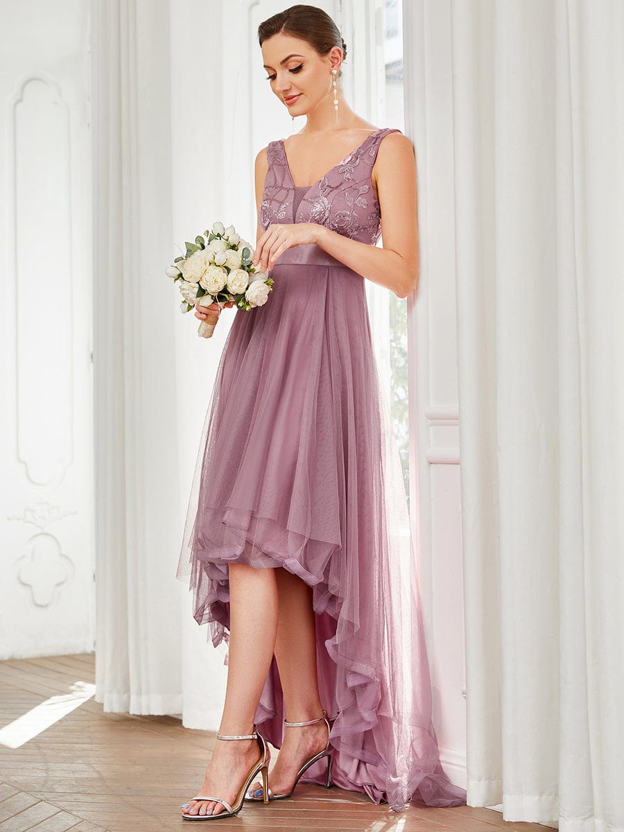 Custom Size Elegant High-Low Deep V Neck Tulle Evening Dresses with Sequins #color_Purple Orchid