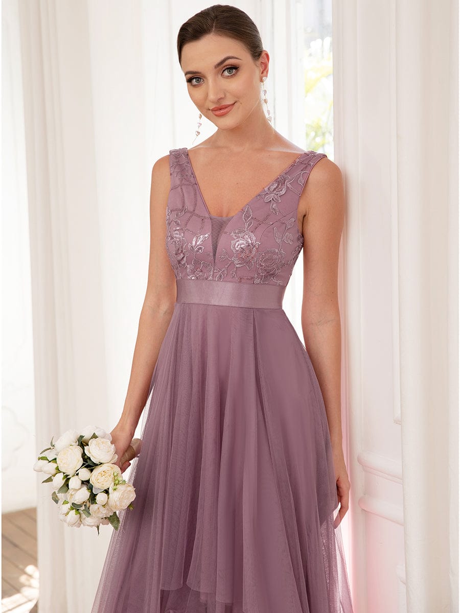 Custom Size Elegant High-Low Deep V Neck Tulle Evening Dresses with Sequins #color_Purple Orchid