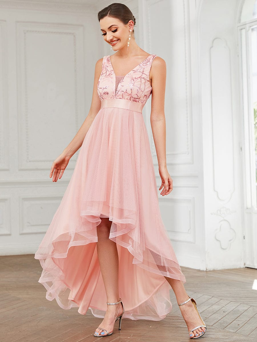 Elegant High-Low Deep V Neck Tulle Evening Dresses with Sequins #color_Pink