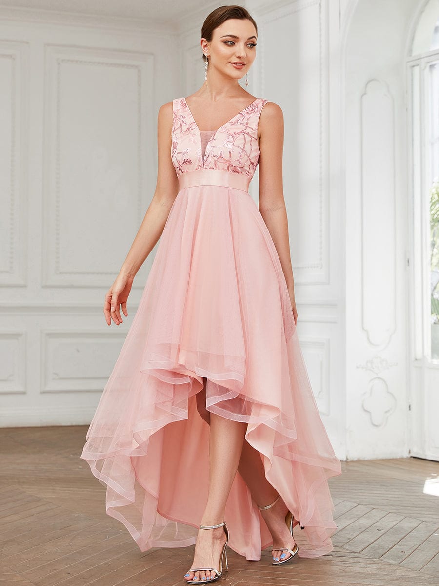 Fashion High-Low Deep V Neck Tulle Prom Dresses with Sequin Appliques #color_Pink