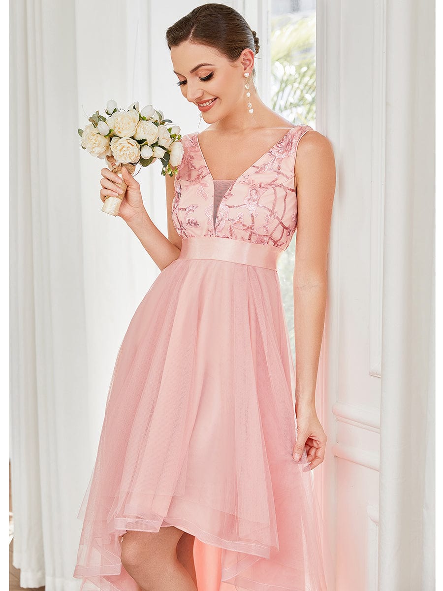 Fashion High-Low Deep V Neck Tulle Prom Dresses with Sequin Appliques #color_Pink