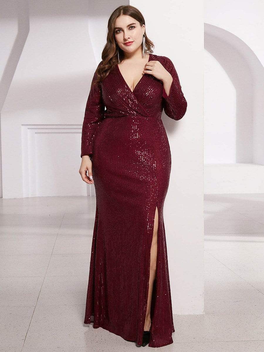 Shiny V Neck Plus Size Sequin Evening Party Dress with Long Sleeve #color_Burgundy